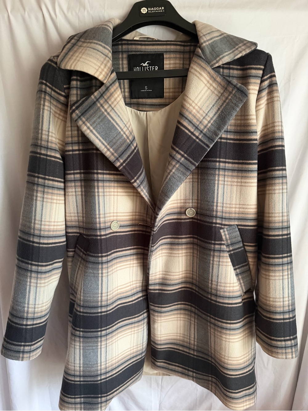 Hollister Women’s Plaid Pea Coat Blue/ Cream S Pockets